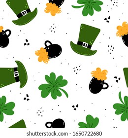 seamless pattern with cartoon clover, irish hat, beer, decor elements. festive colorful vector for St. Patrick's Day. Hand drawing, flat style. Design for fabric, textile, print, wrapper.