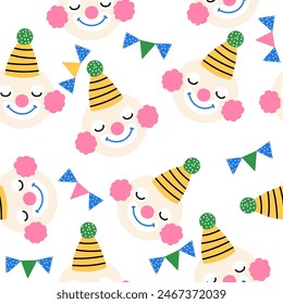 Seamless pattern with cartoon clown faces. Childish funny print. Vector hand drawn illustration.