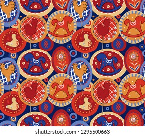 Seamless pattern with  cartoon cockeres and horses.