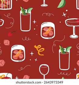Seamless pattern with cartoon cocktails, cherry and lemon. Red whimsical cocktail pattern with trendy drinks. Vector background with old fashioned, bloody mary and wine.