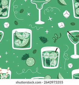 Padrão perfeito com coquetéis de desenho animado, cal e hortelã. Padrão de coquetel caprichoso verde com bebidas na moda. Fundo de verão vetorial com mojito, margarita e martini.