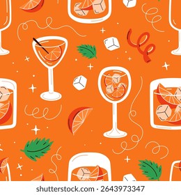 Padrão perfeito com coquetéis de desenho animado, laranjas e cubos de gelo. Padrão de coquetel laranja colorido com bebidas na moda. Fundo de verão vetor com aperol e limonada.