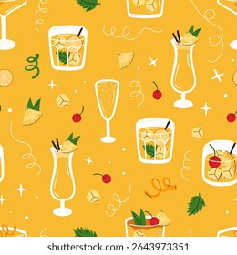 Seamless pattern with cartoon cocktails, pineapple and cherry. Colorful yellow cocktail pattern with refreshing drinks. Vector summer background with champagne, lemonade and pina colada.