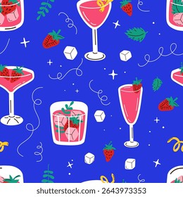 Padrão perfeito com coquetéis de desenho animado, morango e cubos de gelo. Padrão de coquetel azul brilhante com bebidas na moda. Fundo de verão vetor com bebidas de morango.
