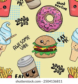 Seamless  pattern with cartoon coffe, fries,donut, icecream, burger  for textile. fashion background textile, prints, paper products, the Web. 