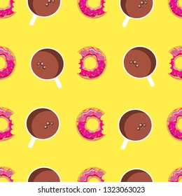 Seamless pattern cartoon coffee cup and pink donut. Vector cartoon background.