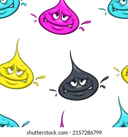 Seamless pattern of cartoon color drop ink character. Cute vector illustration