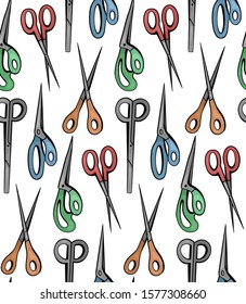Seamless pattern with cartoon color  scissors on white background. Secateurs and nippers. Sewing, gardening and hairdressing scissors.  Vector texture for wallpaper, fabrics and your design.