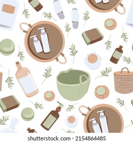 Patrón inmaculado con dibujos animados ilustrando el hogar acogedor y los productos de ducha. Aceite, jabón, cestas, bombas de baño, aroma, café, olivo. Aislado sobre fondo blanco