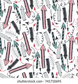 Seamless pattern with cartoon colorful arrows, pointers. Hand drawn vector illustration with holiday typography elements.