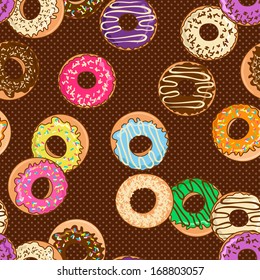 Seamless pattern of cartoon colorful donuts on a polka dot background
