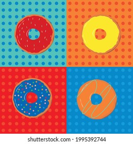 Patrón inmaculado de caricaturas coloridas donuts en estilo de arte pop , vista superior. Colección de donuts en glaze para el diseño de menús, decoración de cafés. Ilustración vectorial en estilo plano