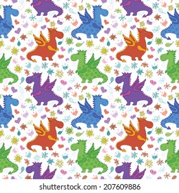 Seamless pattern, cartoon colorful Dragons on backgrounds with symbolical flowers and hearts. Vector