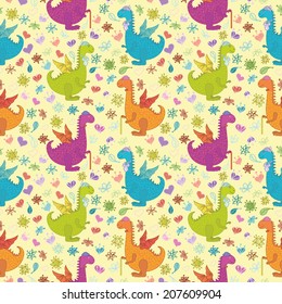 Seamless pattern, cartoon colorful Dragons on backgrounds with symbolical flowers and hearts. Vector
