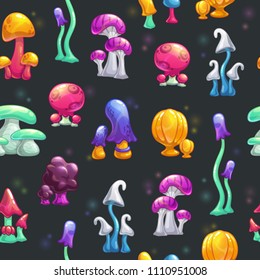 Seamless pattern with cartoon colorful fantasy glossy mushrooms. Vector fairy texture. Funny childish background.