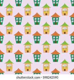 Seamless pattern with cartoon colorful houses. Vector illustration.