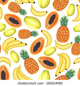 Seamless pattern of cartoon colorful image tropical fruits