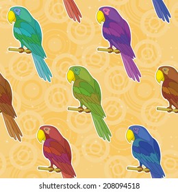 Seamless pattern, cartoon colorful parrots on abstract background. Vector