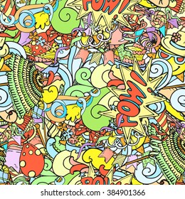 Seamless pattern of cartoon colorful party objects hand drawn. Vector illustration in outline style