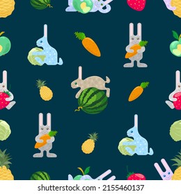 Patrón sin foco con conejos coloridos de dibujos animados sobre un fondo oscuro con verduras y frutas
