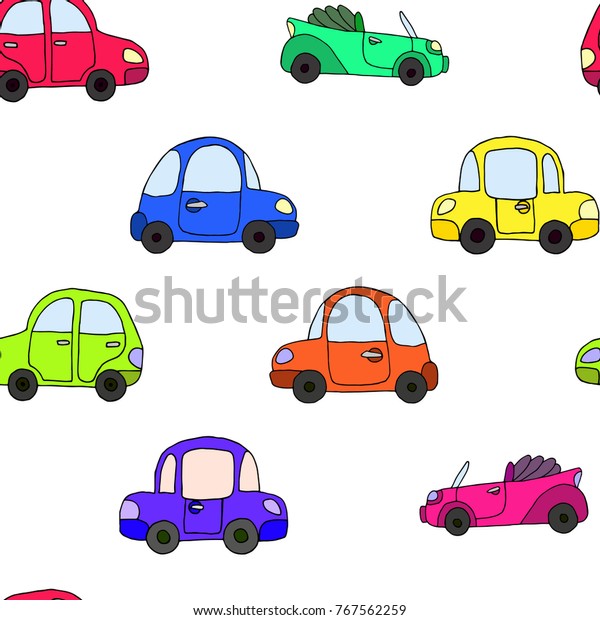 Seamless pattern of cartoon colorful\
retro car isolated on white background. Vector\
illustration.