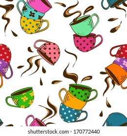 Seamless pattern of cartoon colorful teacups and splash