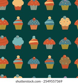 Seamless pattern with cartoon colourful cupcakes on blue background. 