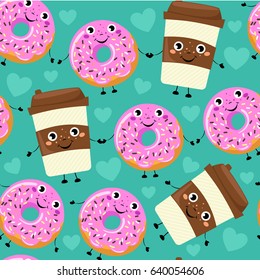 Seamless pattern from cartoon comic coffee cup and donut with smile face. Vector cartoon background. 
