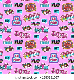 Seamless pattern with cartoon, comic style word patches "Whatever”, “Ka-pow””, “Hey”, “Wow”, “Rock On”, “Tired”, “Good vibes”, etc. Pink background.