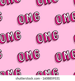 Seamless pattern with cartoon comic style text "OMG" ("Oh My God") on pink background. Vector wallpaper. 