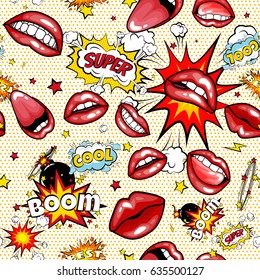 Seamless pattern cartoon comic super speech bubble labels with text, sexy open red lips with teeth, retro vector pop art illustration, halftone dot vintage effect background