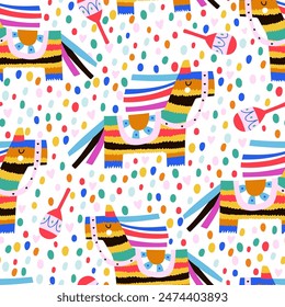 Seamless pattern with cartoon piñata and confetti. Festive cute texture for wrapping paper, textile, apparel. Vector childish background