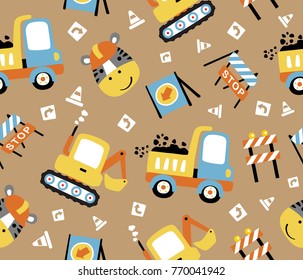 seamless pattern cartoon of construction vehicles with construction elements and funny zebra