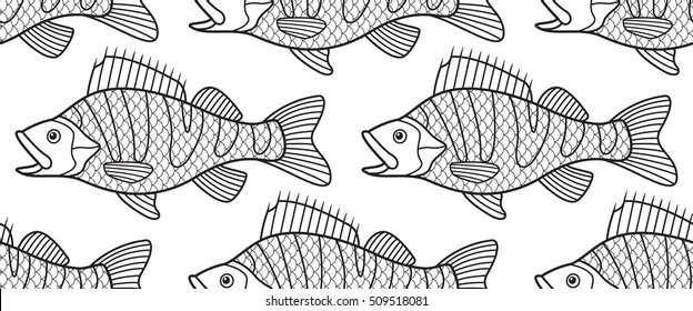 Seamless pattern of the cartoon contour bass fish