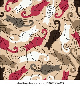 Seamless pattern with cartoon contour and cats silhouettes. Vecrot background