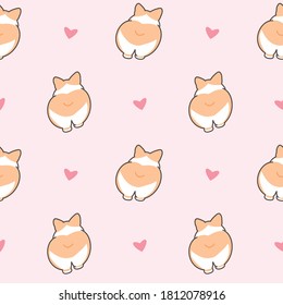 Seamless Pattern of Cartoon Corgi Butt Design with Hearts on Pink Background