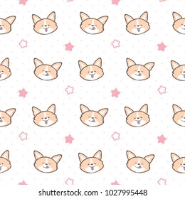 Seamless Pattern of Cartoon Corgi Dog Face Design on White Background with Pink Dots