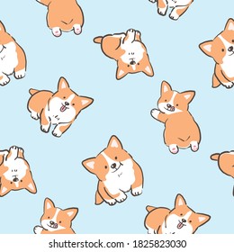 Seamless Pattern with Cartoon Corgi Dog Design on Light Blue Background