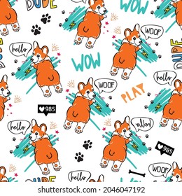 Seamless Pattern with Cartoon Corgi Dog Design . Seamless comic pattern for textiles, baby clothes, wrapping paper and more.