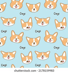 Seamless Pattern with Cartoon Corgi Dog Face Design on Light Blue Background