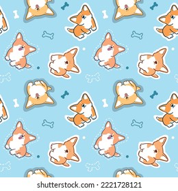 Seamless Pattern with Cartoon Corgi Dog Design on Blue Background