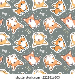 Seamless Pattern with Cartoon Corgi Dog Design on Dark Grey Background