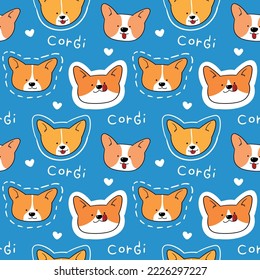 Seamless Pattern with Cartoon Corgi Dog Face Design on Blue Background