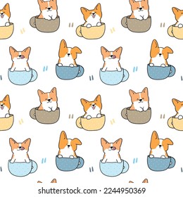 Seamless Pattern with Cartoon Corgi Dog in Coffee Cup Design on White Background