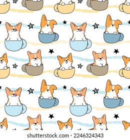 Seamless Pattern of Cartoon Corgi Dog in Coffee Cup Design on White Background with Wavy Lines