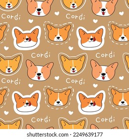 Seamless Pattern with Cartoon Corgi Dog Face Design on Brown Background