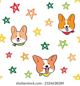 Seamless Pattern with Cartoon Corgi Dog Face and Star Design on White Background