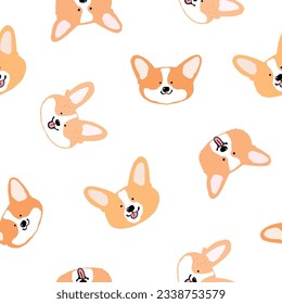 Seamless Pattern of Cartoon Corgi Dog Face Design on White Background