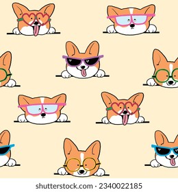 Seamless Pattern of Cartoon Corgi Dog Face Design on Yellow Background