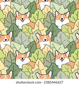 Nahtlose Muster von Cartoon Corgi Hund und Leaf Illustration Design